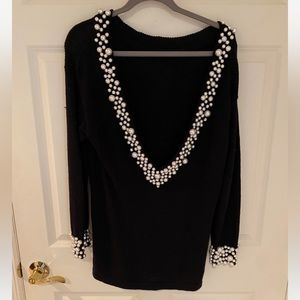 Bimo small black sweater v back pearl neck line sleeve cuff accents